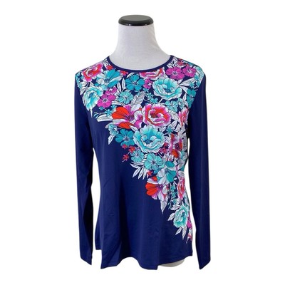 Lands End Rash Guard Athletic Swim Shirt XL Deep Sea Blue Floral Swim Tee UPF 50
