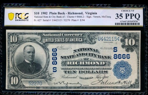 AC 1902 $10 National State & City Bank of Richmond, Virginia Ch# 8666 PCGS 35PPQ