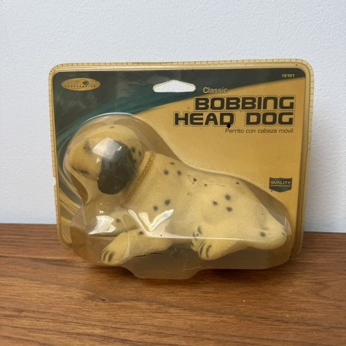 Vtg Flocked Plastic Bobble Head Puppy Dog Car Auto Dash White with Spots Chain
