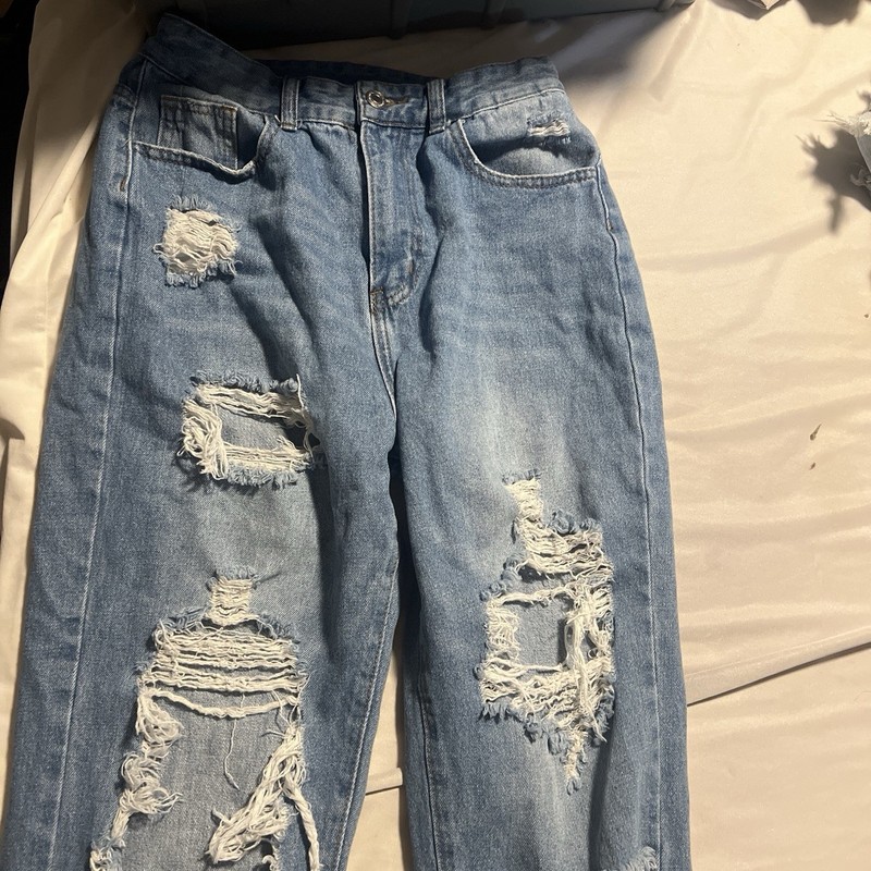 Women’s Wide-Leg Jeans Blue Light Wash Distressed Denim w/ Pockets Size M