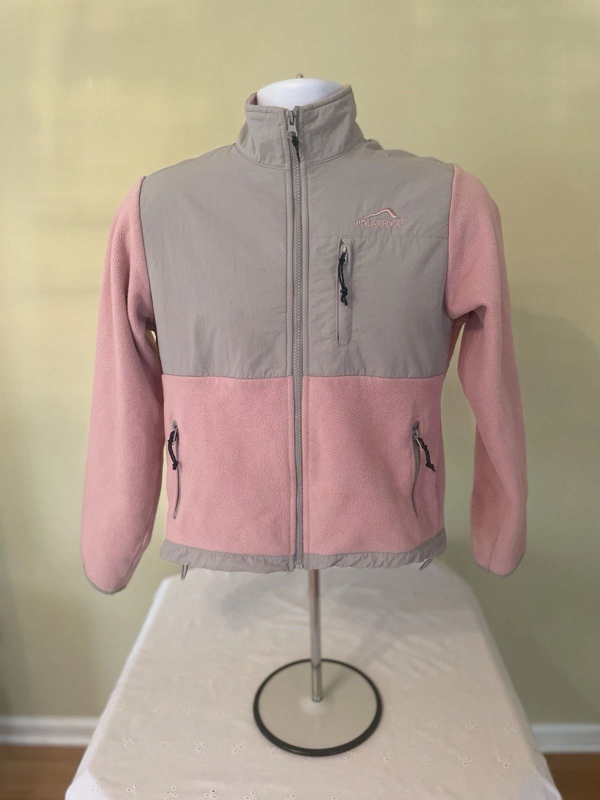 Polar Edge Fleece Ski Jacket Girls XL (16) Pink/Gray Full Zip Pockets Chest 36”