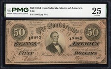 1864 $50 Fifty Dollar Confederate States of America CSA Note T-66 PMG VF 25