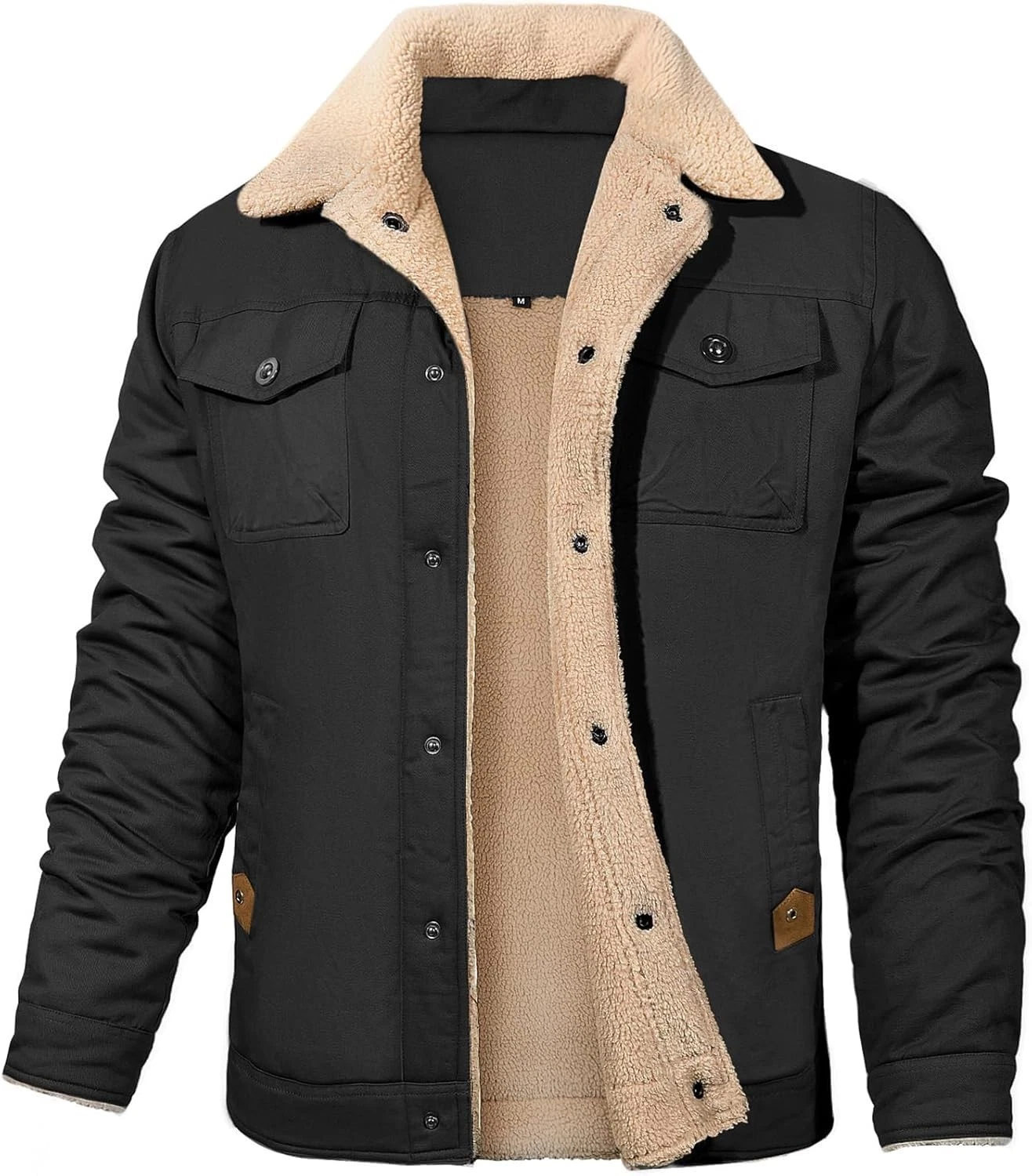 Men's Fleece-Lined Winter Cargo Jacket 5 Pockets Lapel Collar – Black