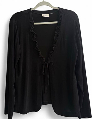 Chico's Travelers Black Open Front Ruffle Tie Cardigan Sweater Womens L