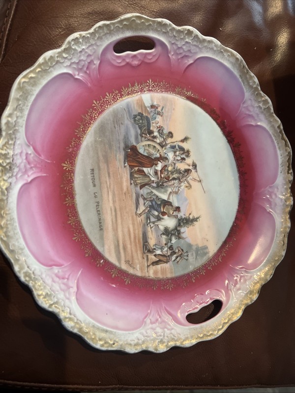 Antique RETOUR DU PELERINAGE Painting Porcelain Ombre Tray / Platter / Plate