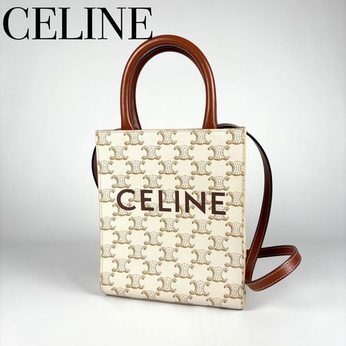 CELINE Leather Shoulder Bag White Triomphe Mini Vertical Cabas 2Way Purse