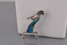 Native American Sterling Silver 27mm Mosaic Blue Turquoise Kokopelli Brooch Pin