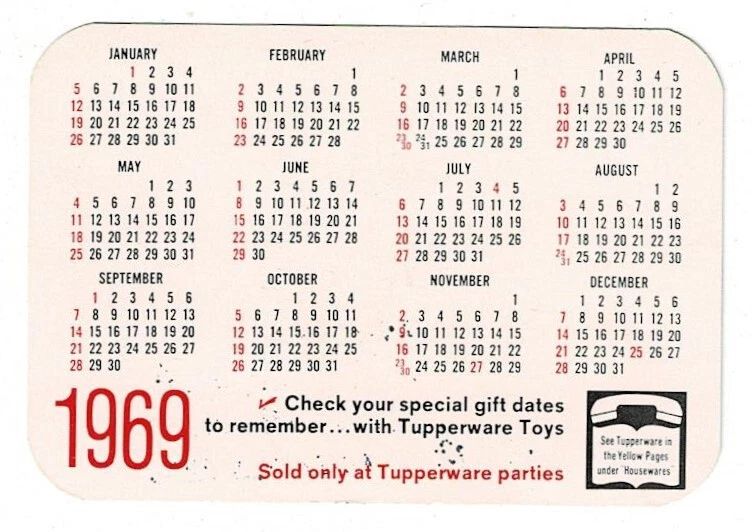 Vintage 1969 Pocket Calendar from Tupperware, Featuring its TOYS on One  Side | eBay