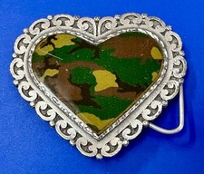 Camouflage Cammo Filled Heart Shaped Usa Made 1978 Belt Buckle