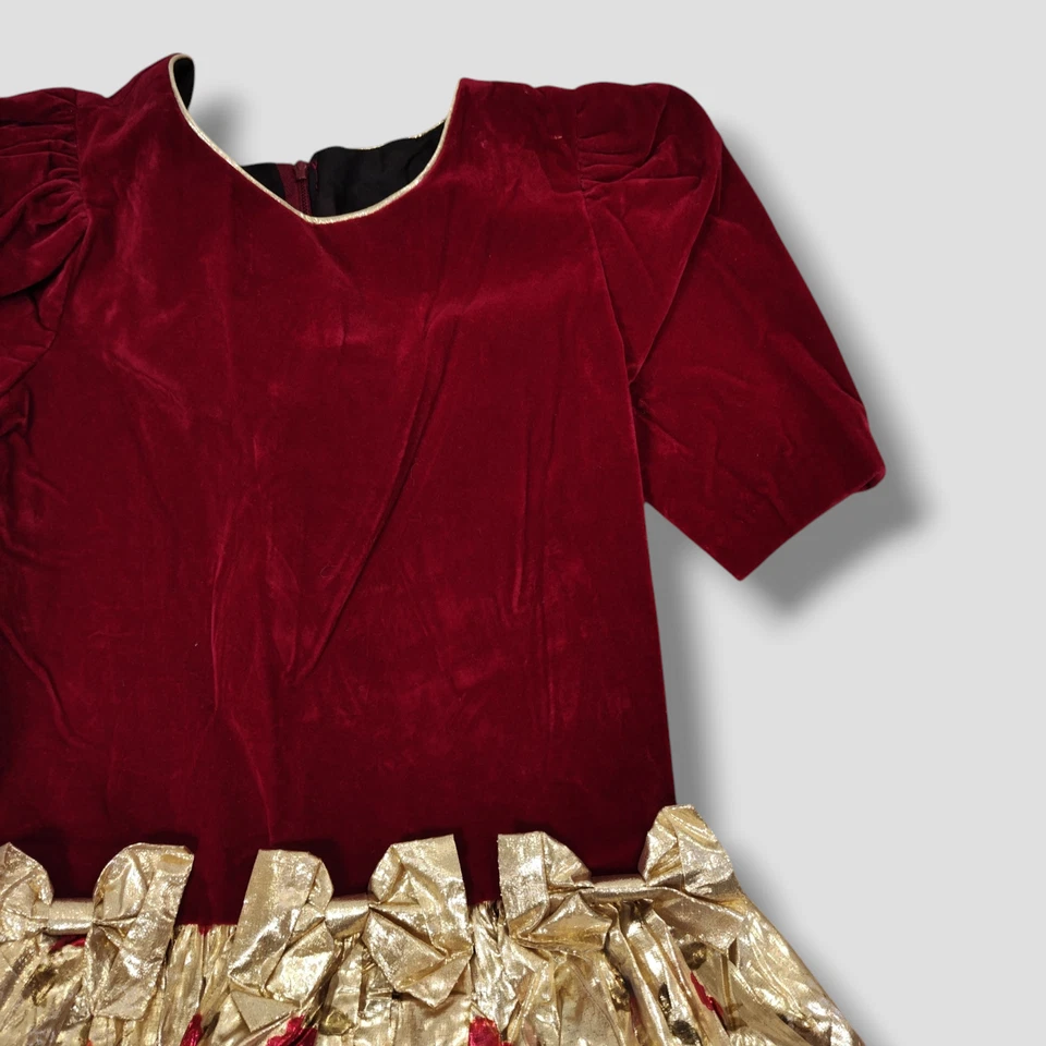 Vestido de Fiesta Vintage Amy Too Rojo Terciopelo Talla 6X Falda Estampado Rosa Cojo Dorado Años 90 Foto 3 de 4