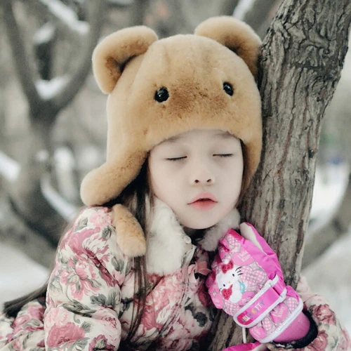 Kids Children Real Rex Rabbit Fur Hat Warm Caps Cute Bear Style Outdoor Beanie - Picture 6 of 15