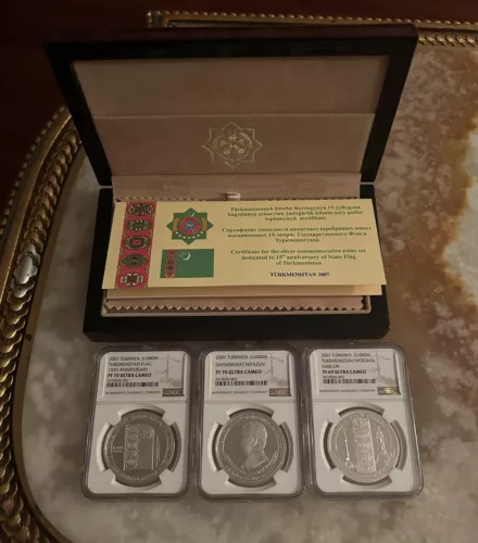 Turkmenistan 15th Anniversary State Flag 3 Coin Set 2007 NGC PF70 PF69 Box+CoA