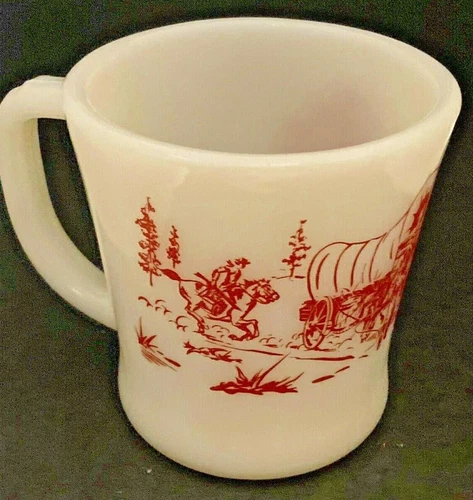 Vintage 1950s  Fire King Davy Crockett Child’s Milk Glass Red Text Mug 