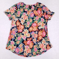 JM Collection Floral Top Large Scoop Neck Stretch Boho Tropical Grandma