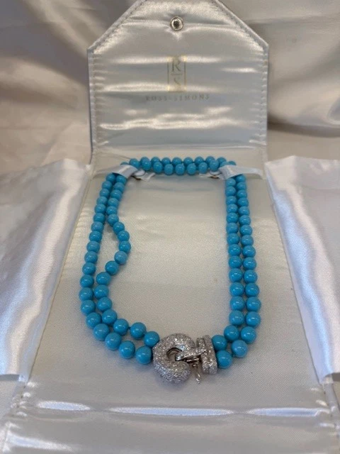 Ross Simons 1.90ctw Diamond Lab Created Turquoise Bead Necklace 18k Gold w/ Box - Image 2 of 4