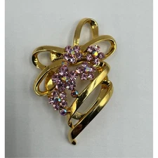 Vintage Pink Flower Rhinestone Scarf Clop Gold Tone