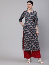 Indian Women Blue Red Cotton Ethnic Motifs Printed Kurta Kurti Top Tunic Dress