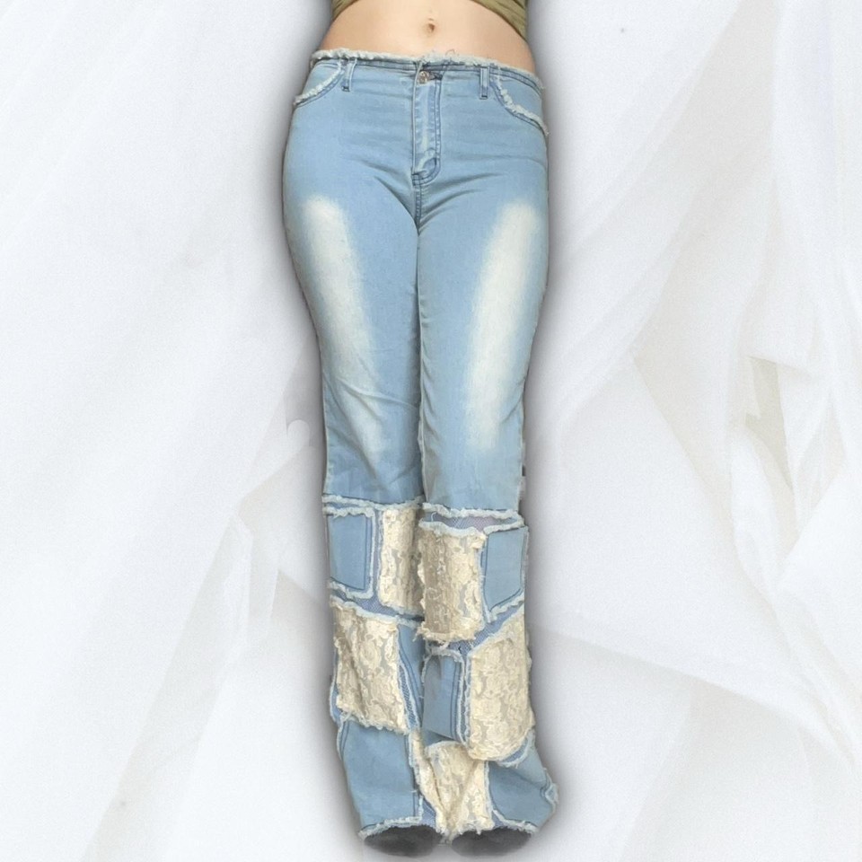Mesh & Lace Patchwork Flared Jeans Light Blue Wash Size 10