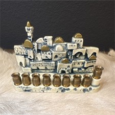 Handmade Jerusalem Cityscape Hanukkah Menorah, 9 Candle Holders, Handpainted