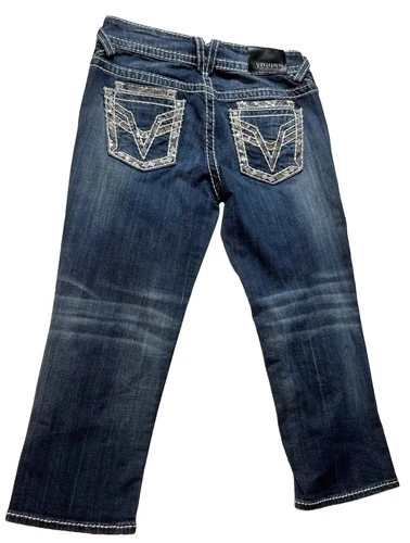 Vigoss The Dublin Women's Blue Denim Embroidered Rhinestone Capri Jeans Sz 7/8