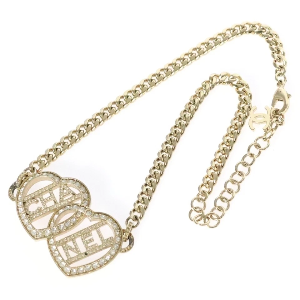 CHANEL Heart Rhinestone Logo Necklace Gold GP Accessories Used 5b2c1d02873b5fa95 - Image 3 of 4