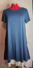 Blue Knit Short Sleeve A-Line Dress Lace Hem Round Neck Knee Length M D26