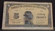 14 - 12 - 1942 French West Africa 5 Francs Banknote AA 0034804 AA