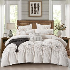 Masiniss Premium Linen Textured Cotton Embroidered Boho Duvet Cover King Set