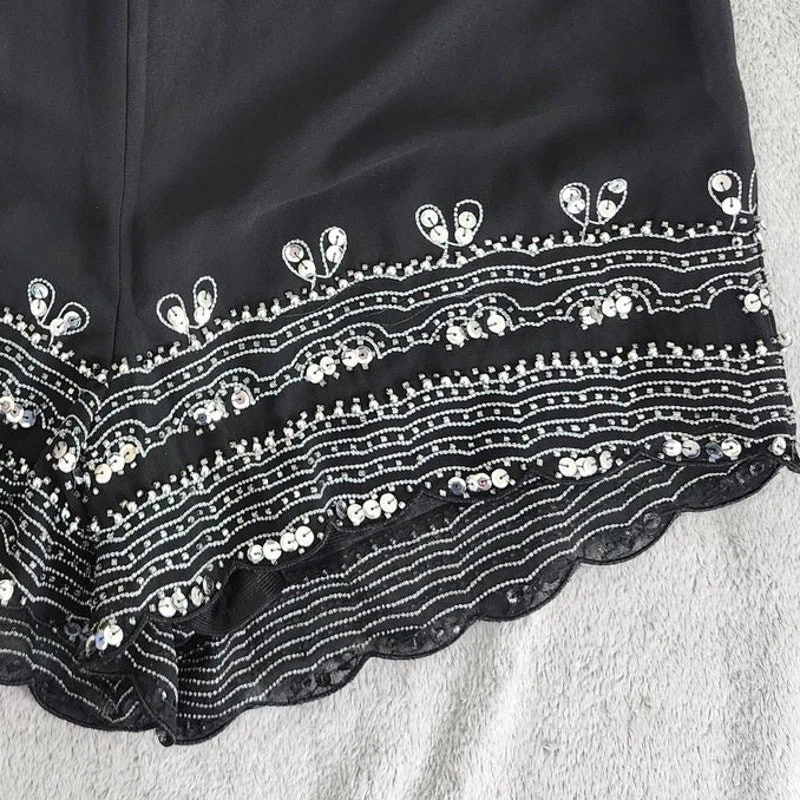 Pantalones Cortos I. Madeline Mujer M Negro Gasa Plateada Lentejuelas Cuentas Bordado Cremallera Foto 2 de 4