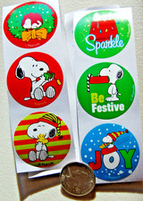 set 6 SNOOPY stickers Christmas festive joy sparkle wreath present doghouse