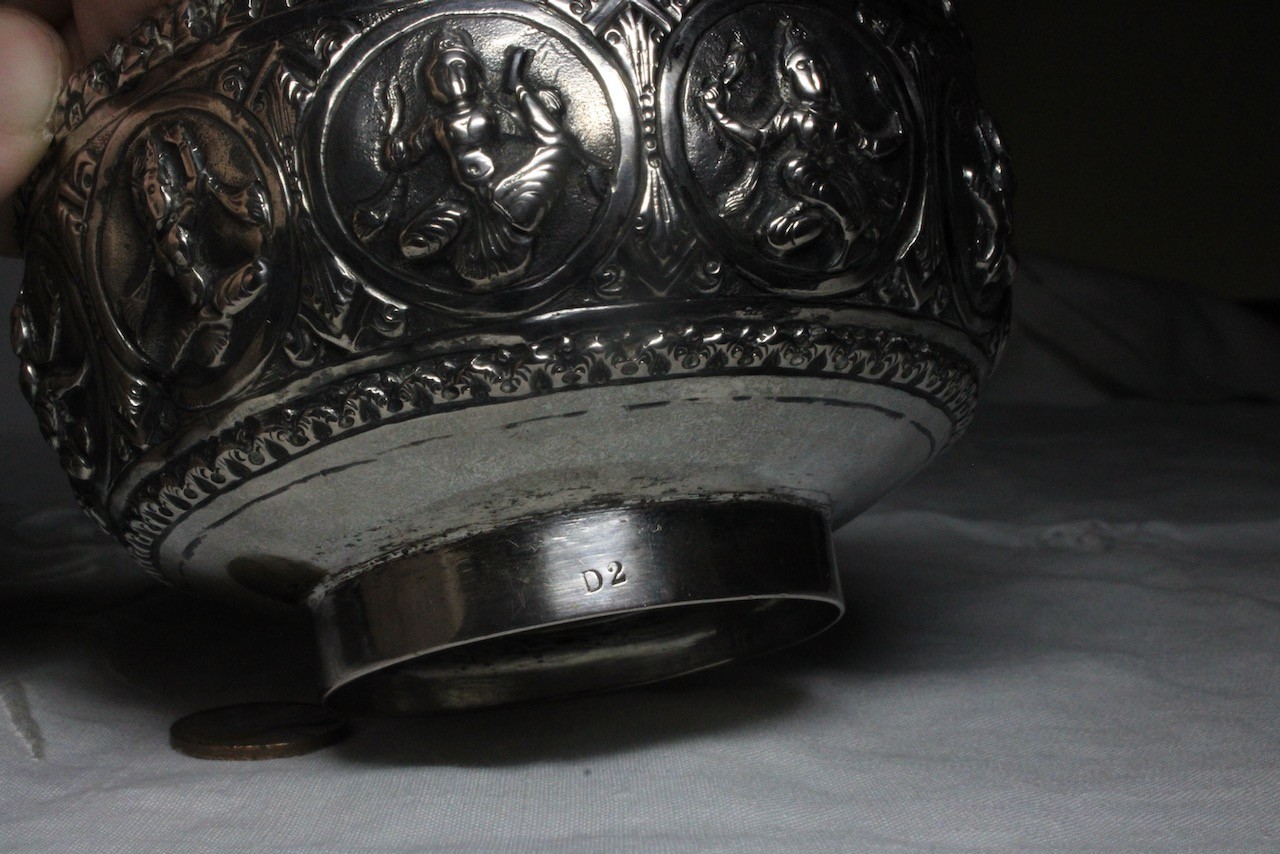 Antique Silver Repousse Burma, Sri Lanka? Hindu Buddhist Dancers Offering Bowl