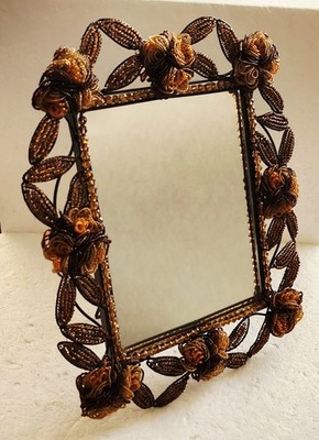 Brown Vintage Handmade Beaded 14x12  Metal Frame Vanity Easel Standing Mirror