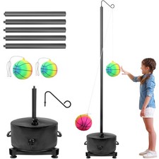 Portable Tetherball Set with Ball and Rope, 5 Adjustable Height Poles with Wa...