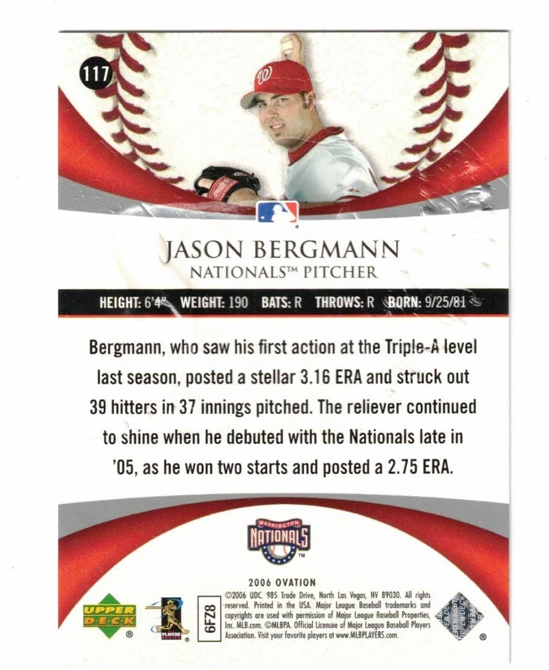 2006 Upper Deck Ovation #117 Jason Bergmann RC Washington Nationals 913/999 - Image 2 of 2
