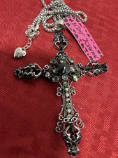 BETSEY  JOHNSON CROSS*GRAY & BLACK CRYSTALS*EX LARGE*GIFT BOXED*LAST ONE!