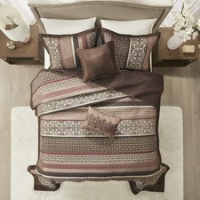 Queen Size Bedding Oversized Bedspread Set Brown Red Striped Jacquard Pattern 5P