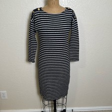 Talbots Women's XS Navy & White Stripe Dress 3/4 Sleeves Button Detail NWT