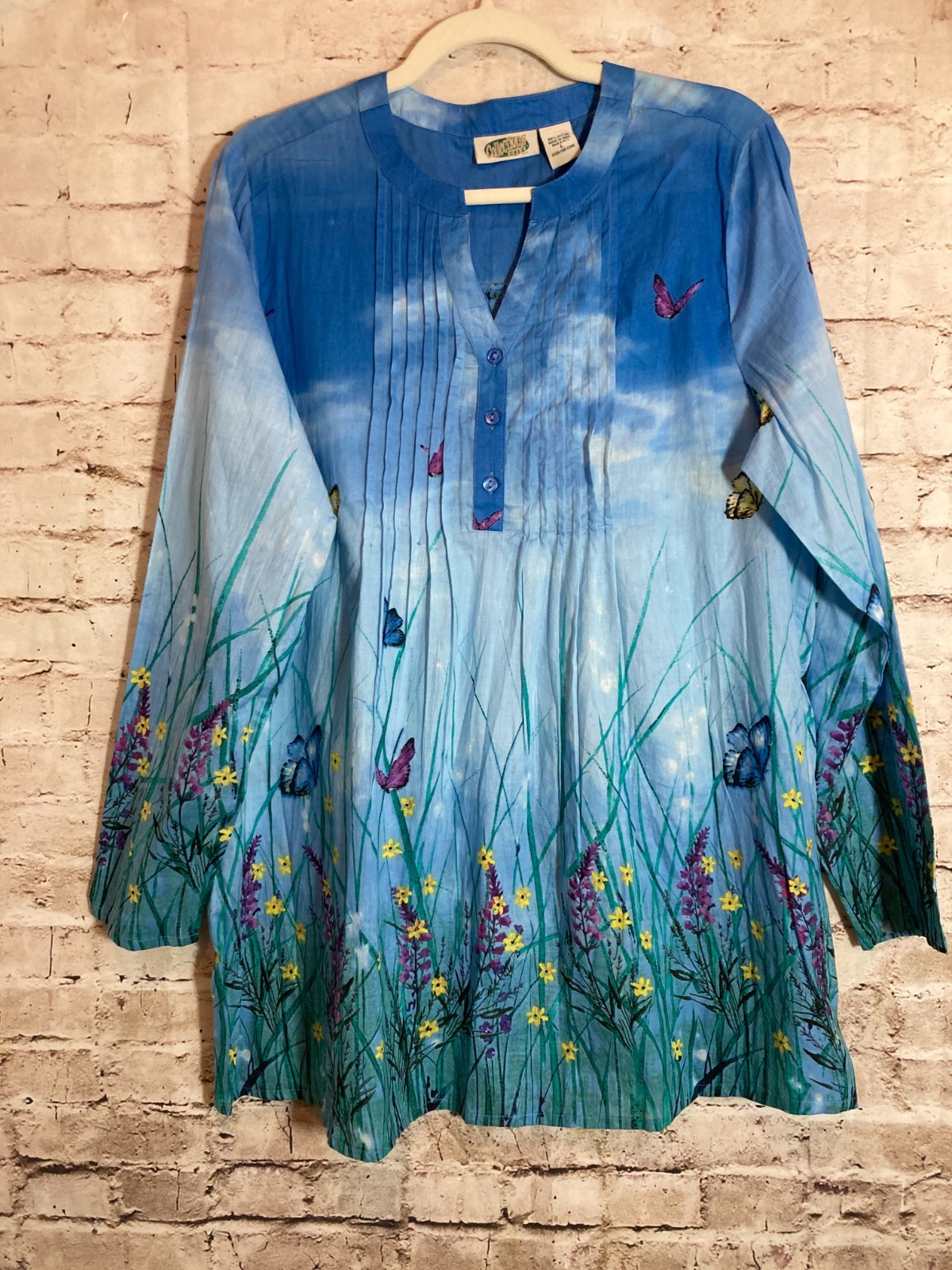 Collections ETC. Popover Top Womens Large Blue Garden Print Butterflies Floral