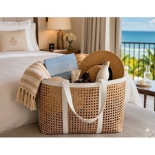 summer Woven Tote Bag Cane Webbing Womens Large white beige Straw Beach Resort
