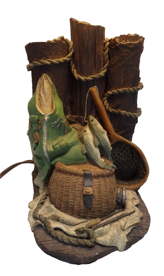 Винтажная настольная лампа для рыбалки 15 дюймов деревенский природный декор - БЫВШАЯ В УПОТРЕБЛЕНИИ/ПРОТЕСТИРОВАННАЯ - Изображение 3 из 4