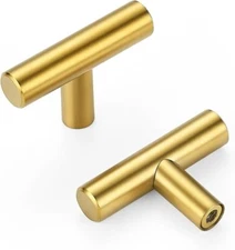 Set of 10 2" Gold Cabinet Knobs - Brushed Brass Single T-Hole Drawer Knobs