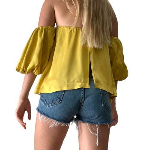 URBAN OUTFITTERS "Dia" Top Off-The-Shoulder Satin Yellow Flowy Lined MEDIUM - Picture 9 of 9
