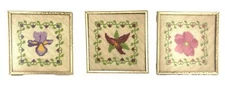 1980s Needlepoint Wildflower Triptych Trio Framed 5 in Iris Trillium Rose Estate
