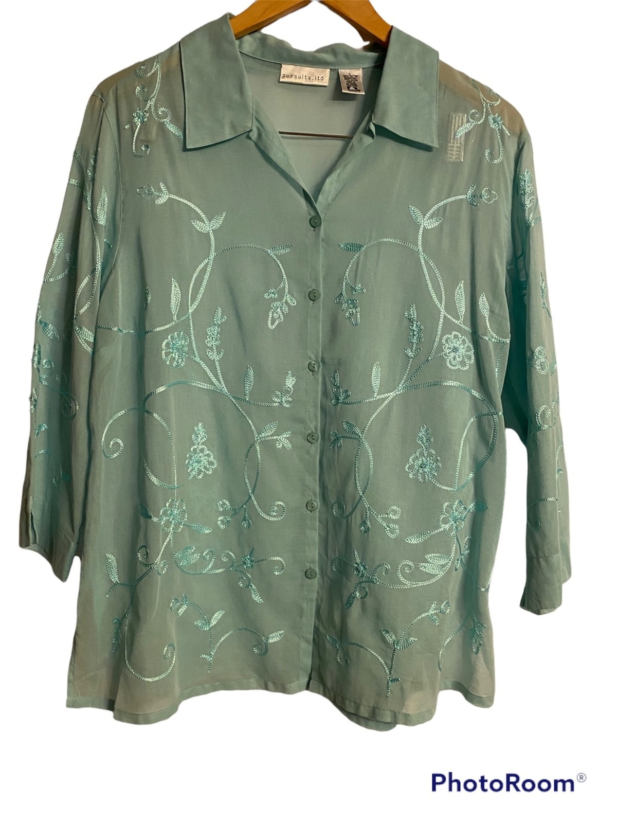 Green Sheer Embroidered Button Down Blouse Large Gem