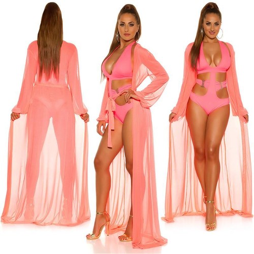 Women's Beach Kimono Long in Chiffon Beach Dress Neon Coral 34/36/38 #LK077