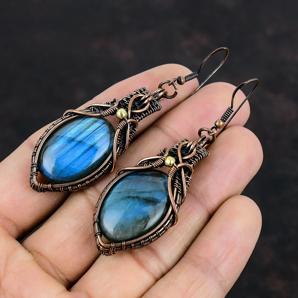 Labradorite Copper Valentine Gift Wire Wrapped Drop/Dangle Earrings 2.87" - Image 4 of 4