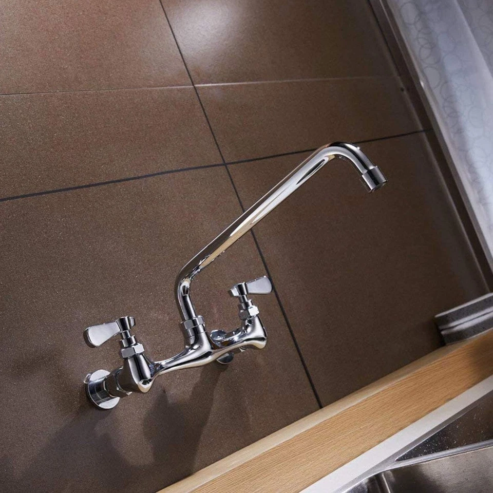 Grifo de cocina comercial montaje en pared 8 pulgadas centro 12" caño 2 manijas grifo de restaurante Foto 3 de 4