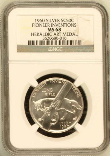 :1960 SC50C SILVER PIONEER INVENTIONS LONG RIFLE HERALDIC ART MEDAL NGC MS 68 R6