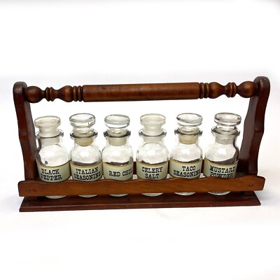 Vintage John Wagner & Sons Wood Spice Jar Caddy and 6 Glass Jars and Labels