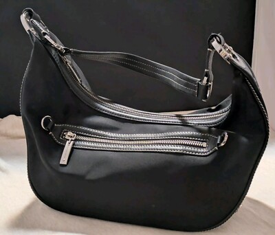 Antonio Melani Sporty Black Nylon Hobo Shoulder Bag Sliver Logo Hardware EUC
